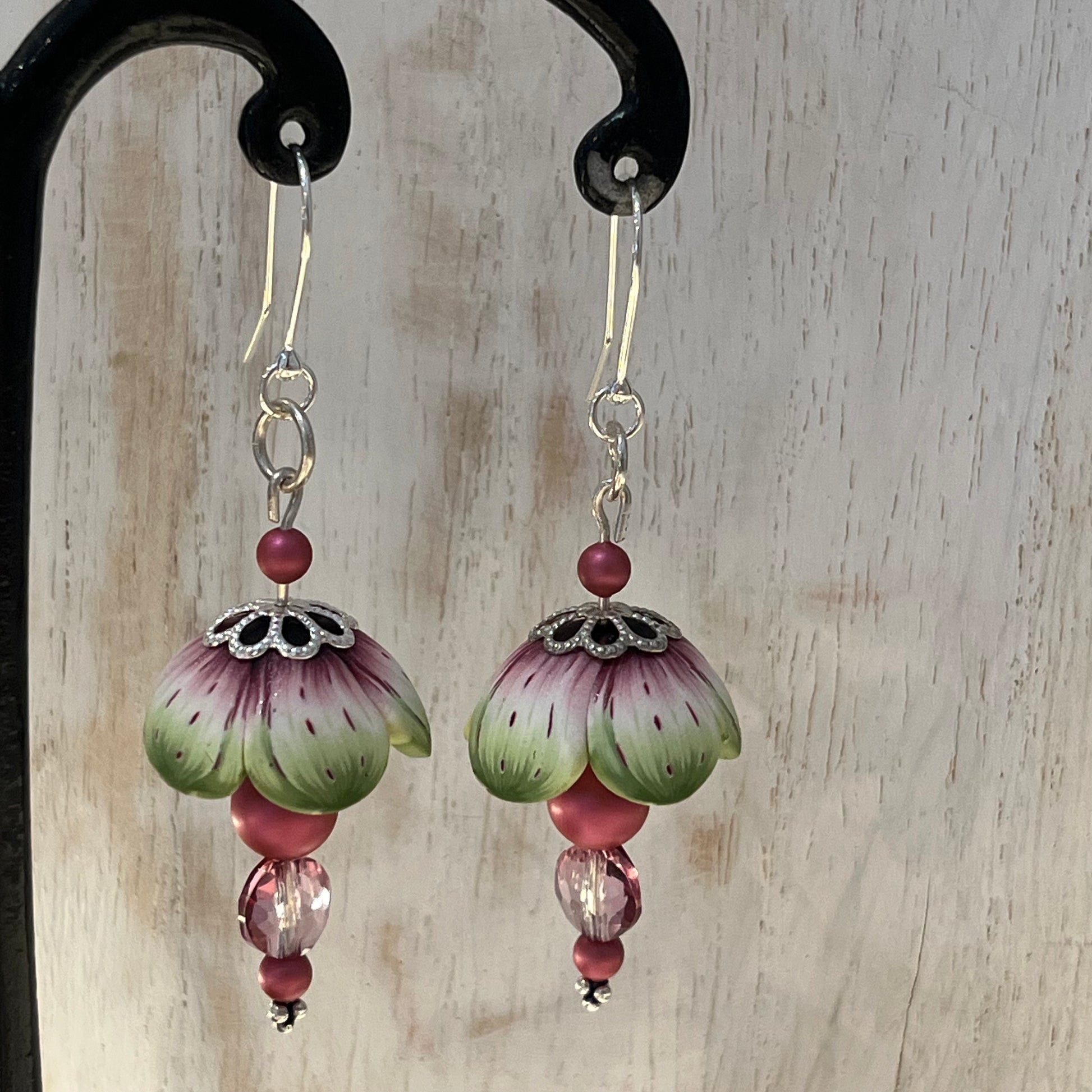 Blossom polymer clay floral earrings with Swarovski crystals and sterling silver stems, handcrafted by Stephanie Fraselle in the Enchanted Garden Collection