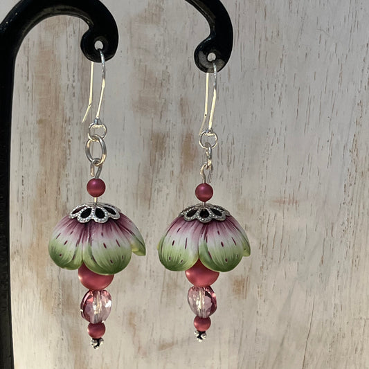 Blossom polymer clay floral earrings with Swarovski crystals and sterling silver stems, handcrafted by Stephanie Fraselle in the Enchanted Garden Collection