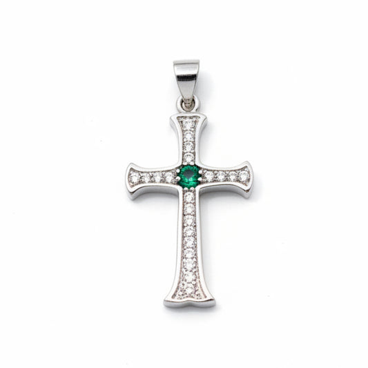 Emerald Quartz Cross & White Topaz 925 Solid Sterling Silver Pendant 3.5cm