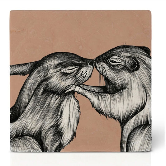 Natural stone art tile “The Rabbit and the Beaver”