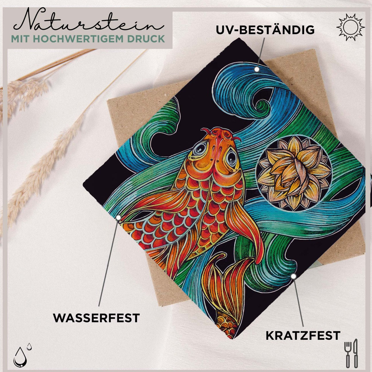 Naturstein-Kunstfliese „Lotus Flower Fish 2“