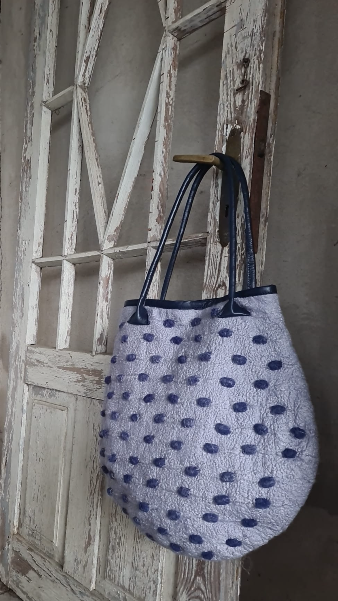 Rare handcrafted Nuno-felted Blue Pebbled Bag with deep tuareg blue pebbles on shabby grey-blue wool base