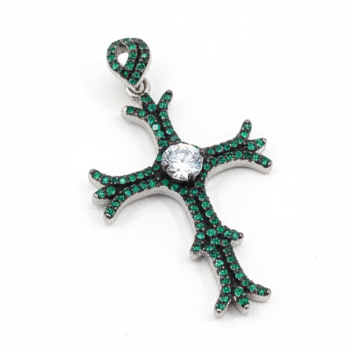 Emerald Green Quartz Cross with White Topaz | Solid 925 Sterling Silver Necklace