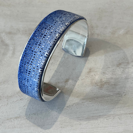 Handmade sapphire blue adjustable bracelet with sterling silver finish, artisan cuff by Stephanie Fraselle made in Lanzarote