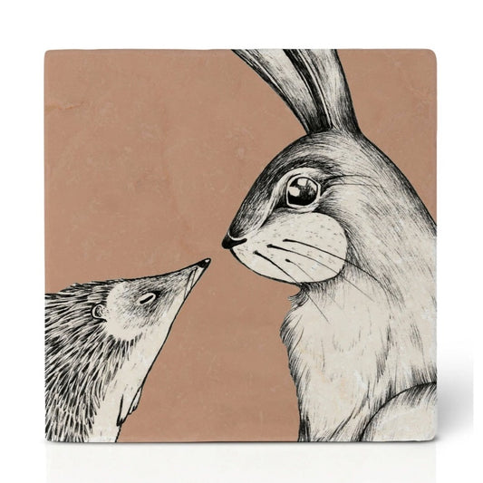 Azulejo artístico de piedra natural “El conejo y el erizo”
