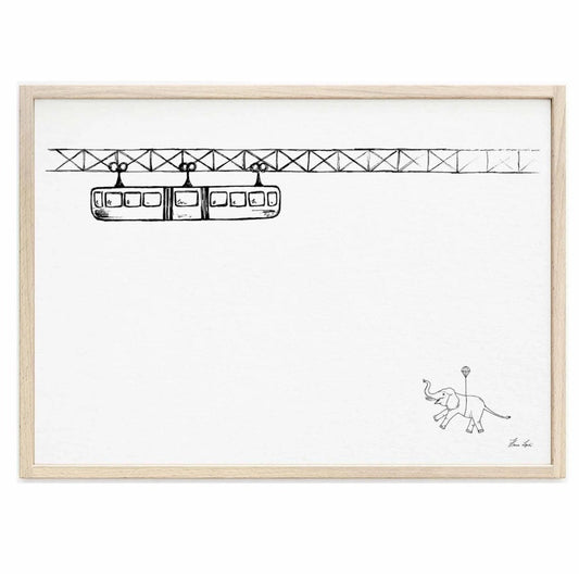 Minimalist fine art print of Tuffi the Elephant floating upward toward a monorail, with 0.5 cm white border, printed on 290g paper