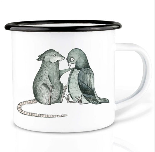 Handmade white enamel mug with black rim featuring an illustration of a rat comforting a pigeon, minimalist and poetic design
