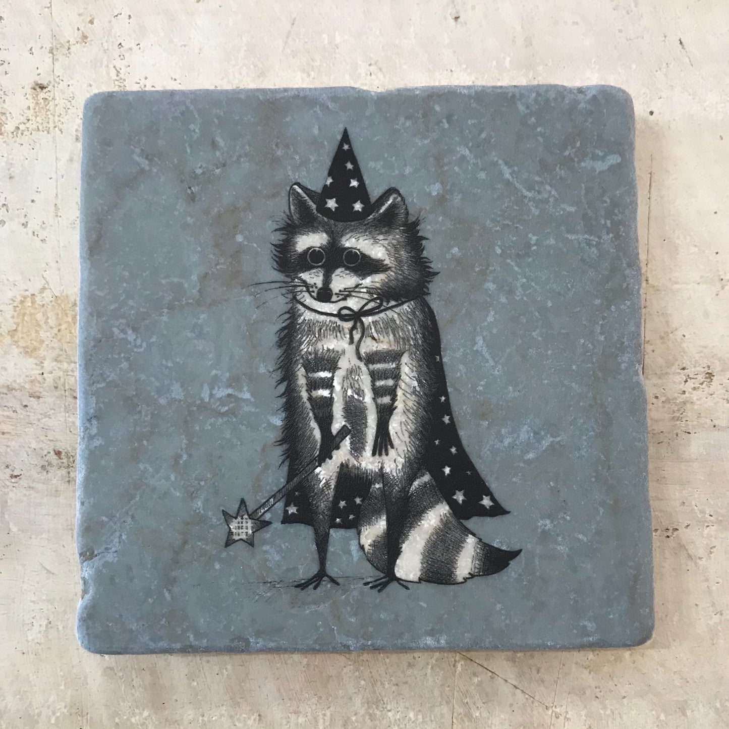 Naturstein-Kunstfliese „Waschbär-Magier“