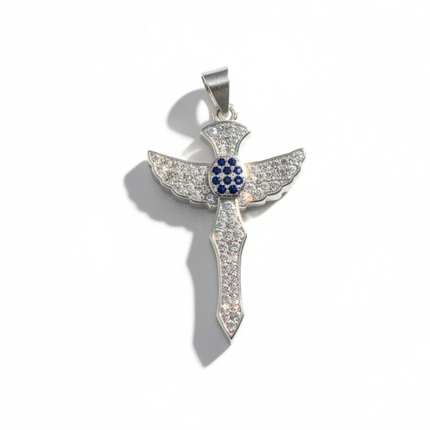 Blue Sapphire & White Topaz 925 Solid Sterling Silver Cross 3.5cm