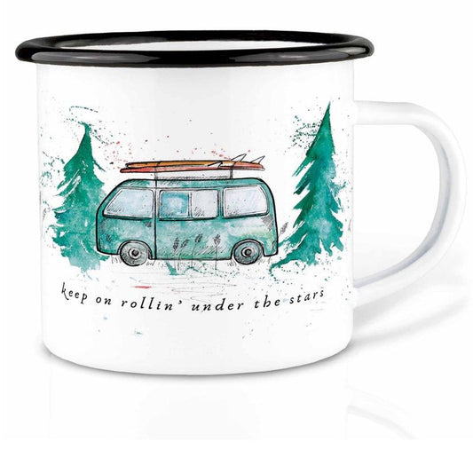 Enamel cup -"Keep on Rollin" Christmas campervan scene