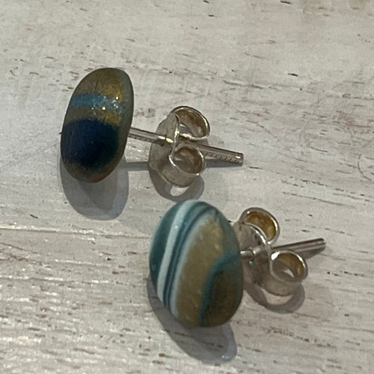 Handcrafted sterling silver stud earrings with 8mm mosaic polymer clay cabochons in twilight tones, made by Stephanie Fraselle in Lanzarote