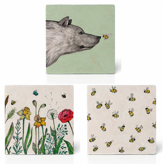 Natural stone art tiles SET OF THREE “Bear & Bee/ Bees / flowers