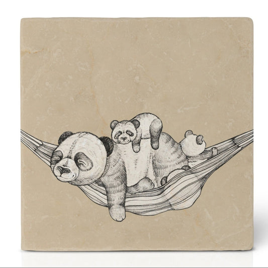 Natural stone art tile  "Panda Paradise": A Cozy Break in the Hammock-COMING SOON IN MARCH 2025