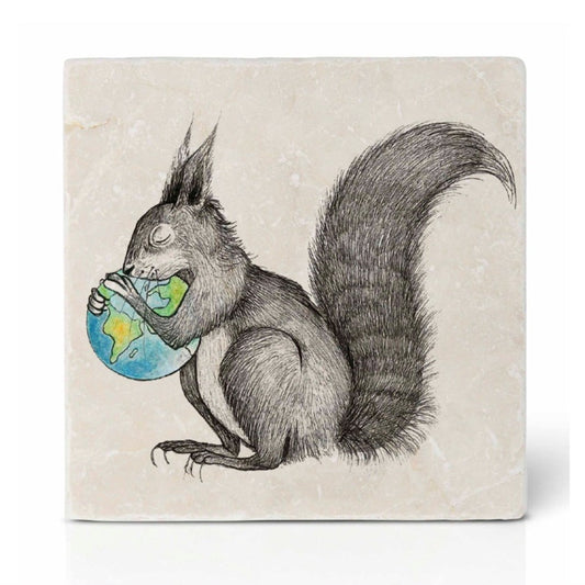 Natural stone art tile “ Squirrel Holding The World”