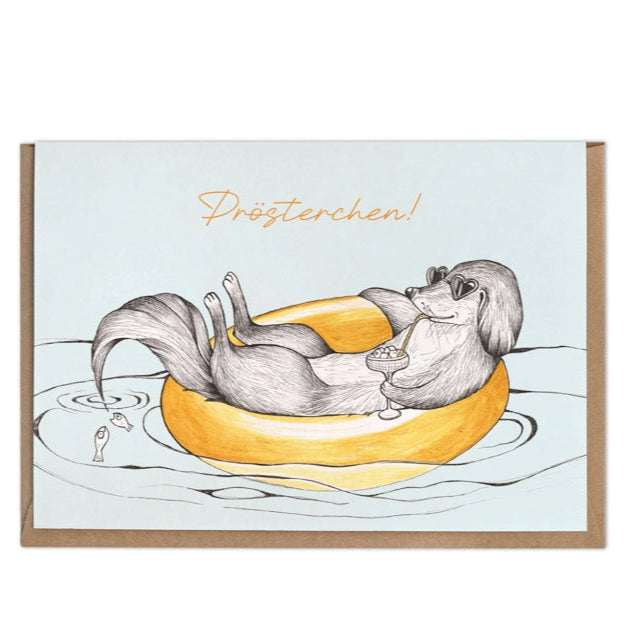 Cool Pup with Cocktail & Sunglasses - Blank Greeting card-  Prösterchen! (Cheers)