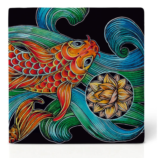 Natural stone art tile “Lotus Flower Fish 2”