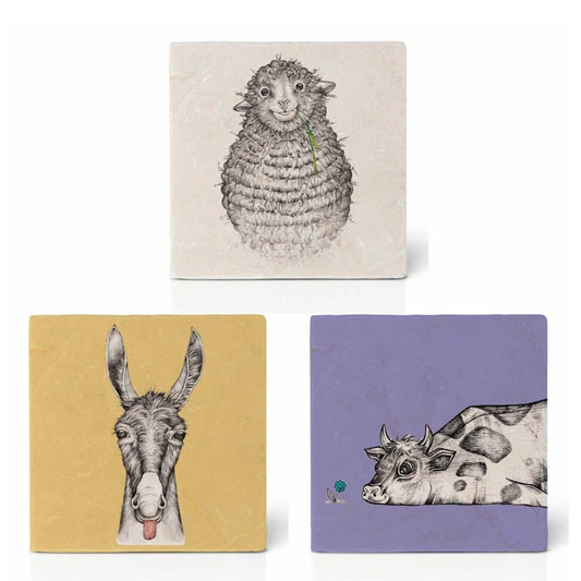Natural stone art tiles SET OF THREE “Donkey burro/Rita /Wilfred the sheep”