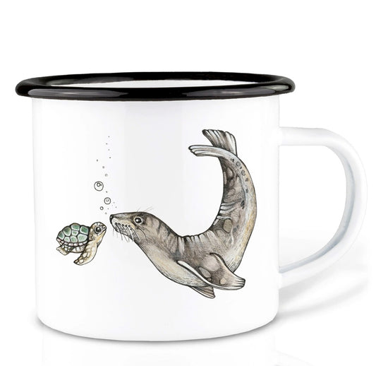 Robust and Light Enamel cup - Playful Ocean encounter with a Sea Lion and Turtle