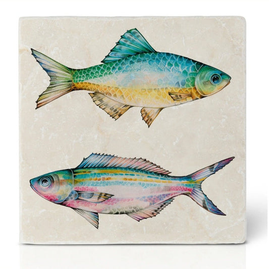 Natural stone art tile “Fish Duo Azur Fern”