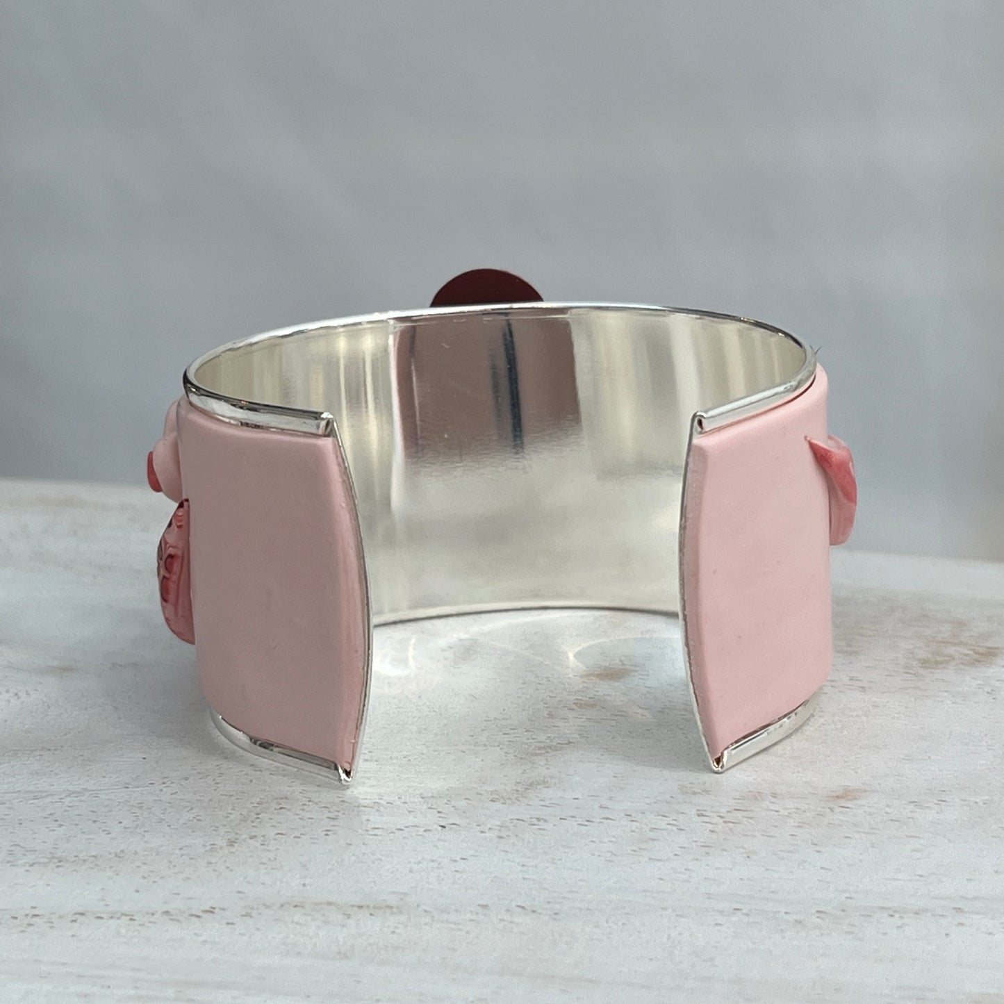 Stephanie Fraselle handcrafted polymer clay love heart bracelet cuff in crimson pink tones