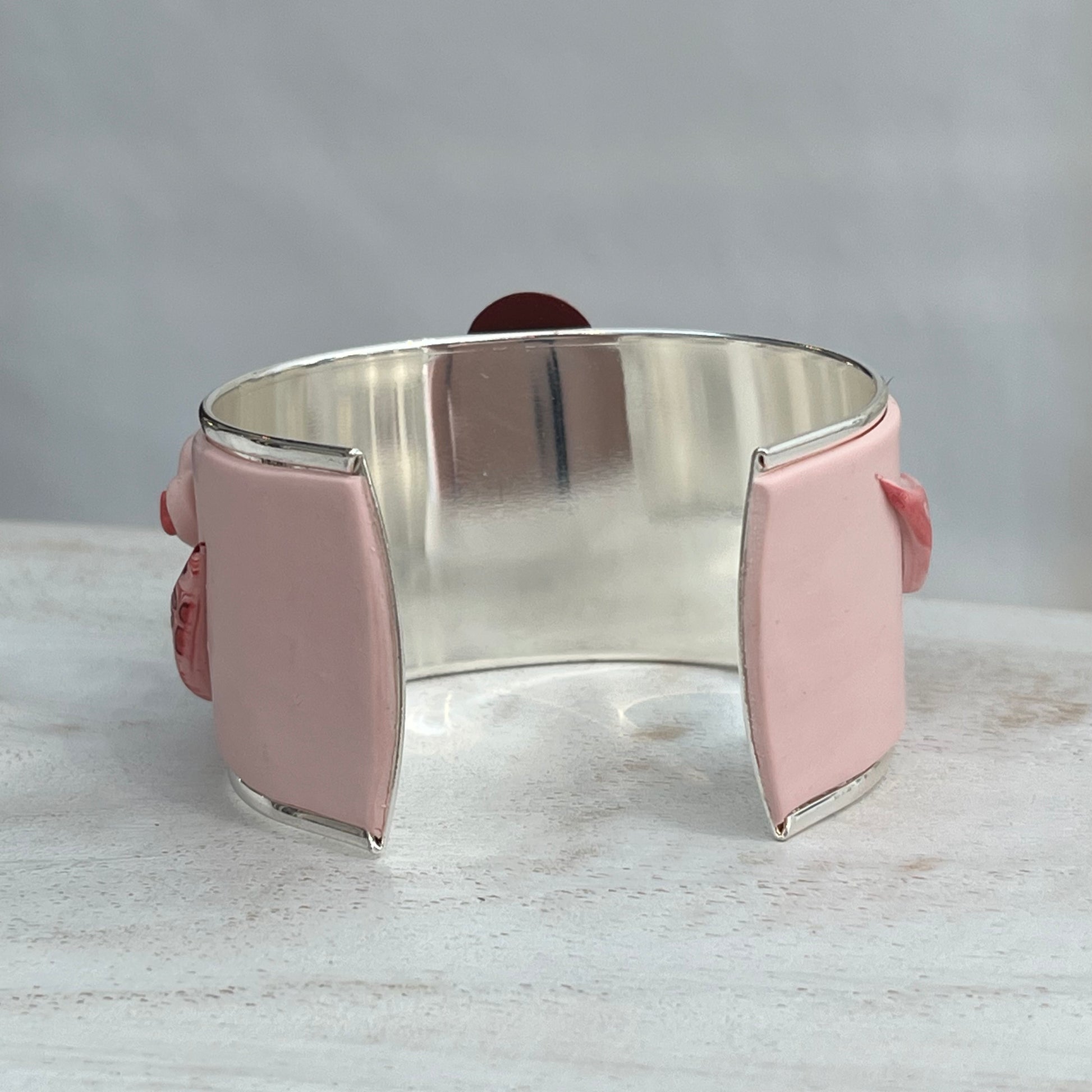 Stephanie Fraselle handcrafted polymer clay love heart bracelet cuff in crimson pink tones