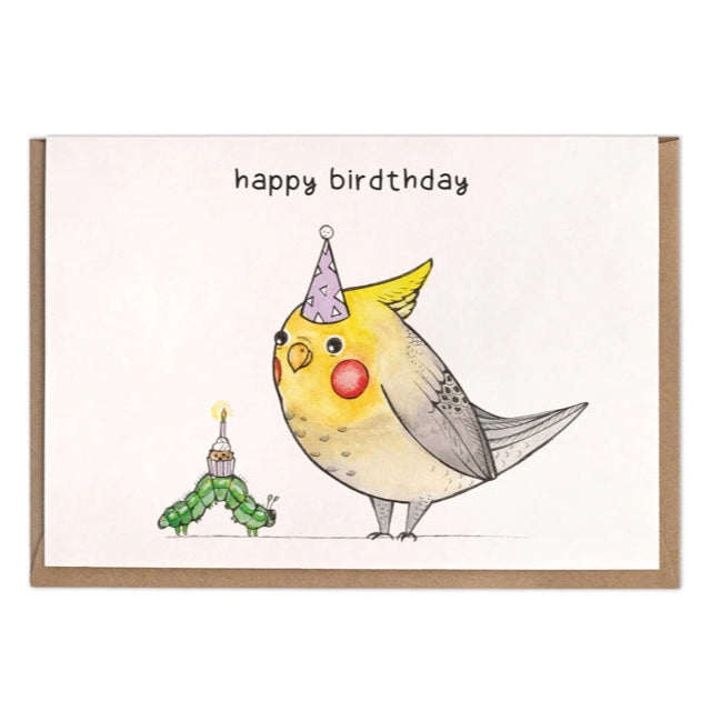 "Caterpillar bringing a cupcake to a bird – Happy Birdthday"- Blank Greeting card