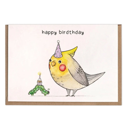 "Caterpillar bringing a cupcake to a bird – Happy Birdthday"- Blank Greeting card