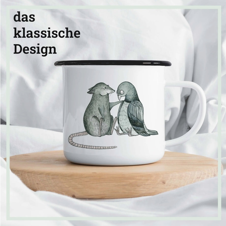 Handmade white enamel mug with black rim featuring an illustration of a rat comforting a pigeon, minimalist and poetic design