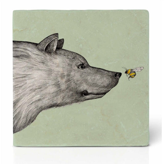 Natural stone art tile “Bear & Bee, the meeting”