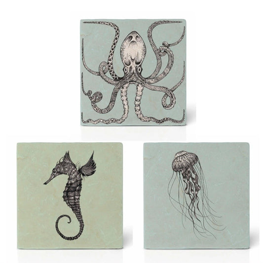 Natural stone art tiles SET OF THREE “Octopus / Sea horse /Jellyfish ”
