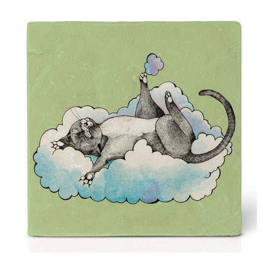 Natural stone art tile  "Julius the Cat chilling on his Cloud"
