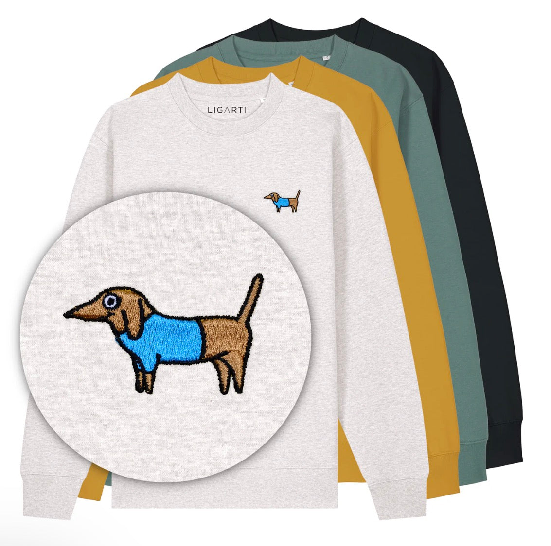Organic cotton Pullover Forest Green Embroidered Sausage Dog Motif