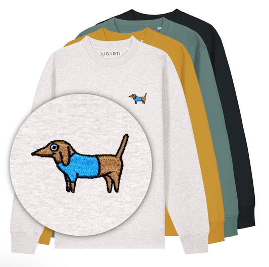 Organic cotton Pullover Forest Green Embroidered Sausage Dog Motif
