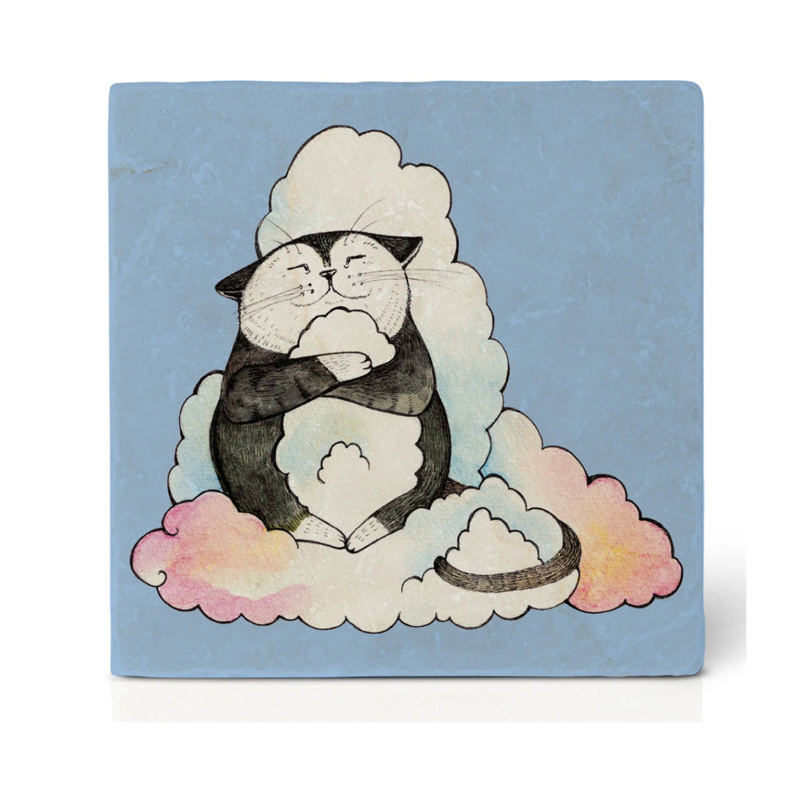 Natural stone art tile  "Tommy the Cat loves his Cloud"