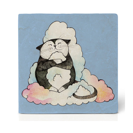 Natural stone art tile  "Tommy the Cat loves his Cloud"