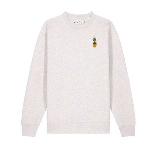 Organic cotton Pullover Marl Grey Embroidered Pineapple wearing sunglasses Motif
