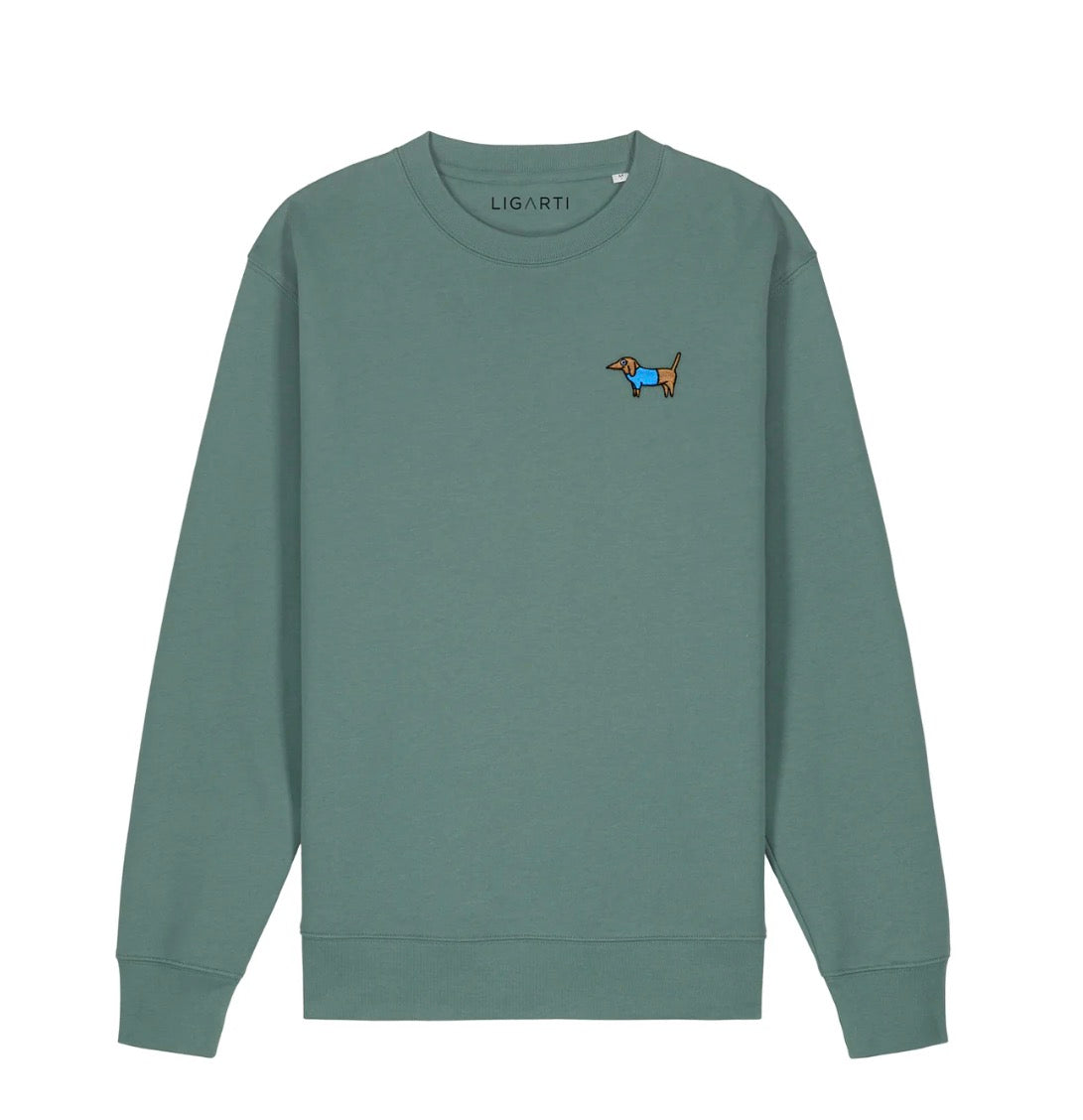 Organic cotton Pullover Forest Green Embroidered Sausage Dog Motif