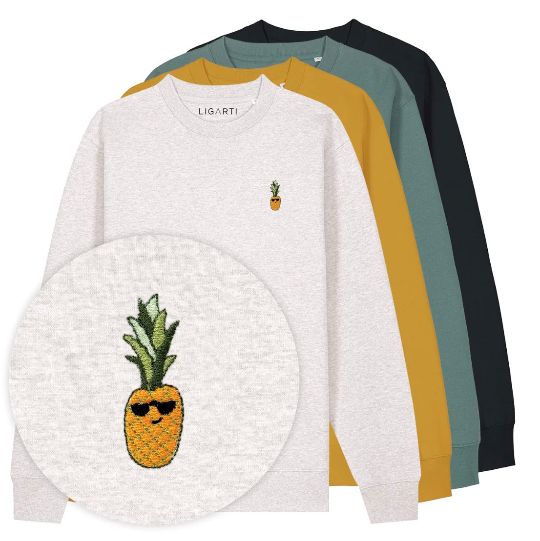 Organic cotton Pullover Marl Grey Embroidered Pineapple wearing sunglasses Motif