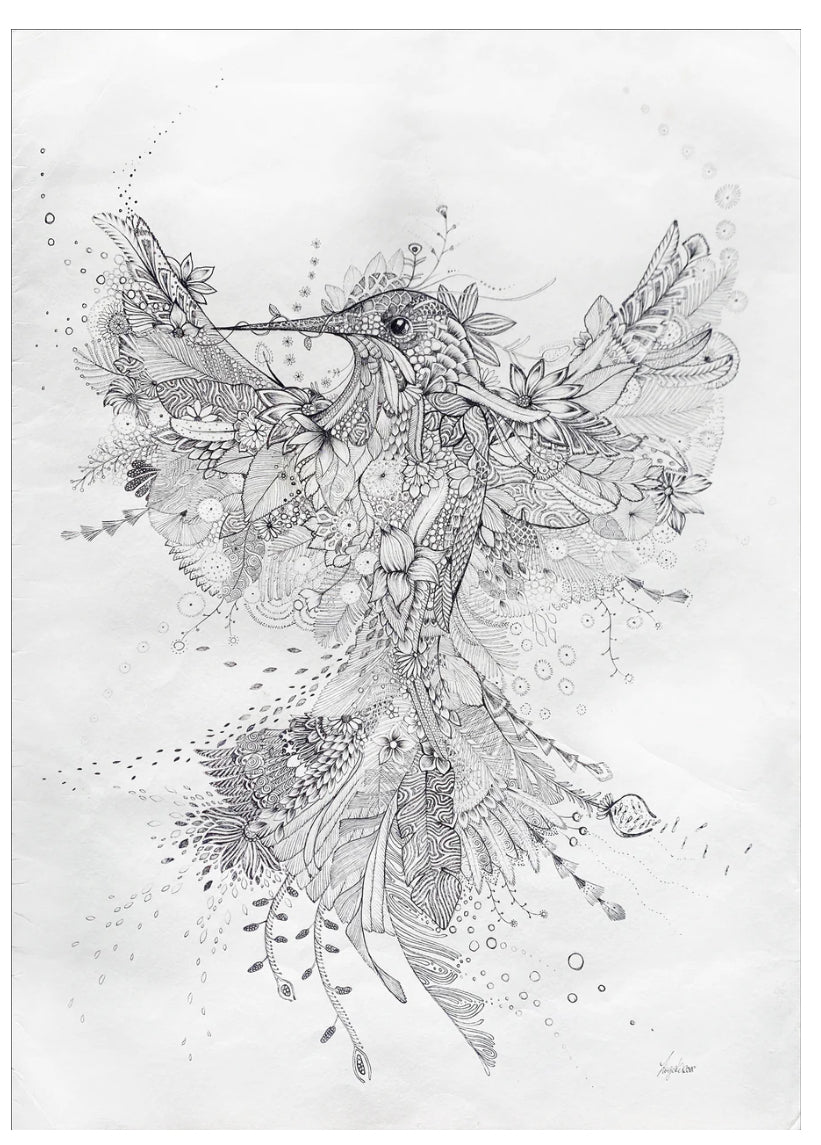 Intricate original hummingbird drawing by Hanna Ligeti, hand illustrated in fineliner with delicate flowers, feathers and botanical details on premium watercolour paper.