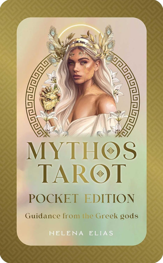 Mythos Tarot pocket edition deck featuring Greek gods and goddesses in decorative tin