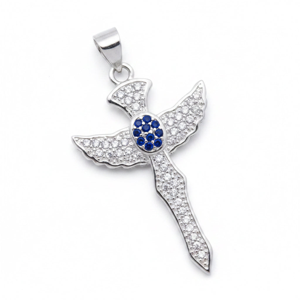 Blue Sapphire & White Topaz 925 Solid Sterling Silver Cross 3.5cm