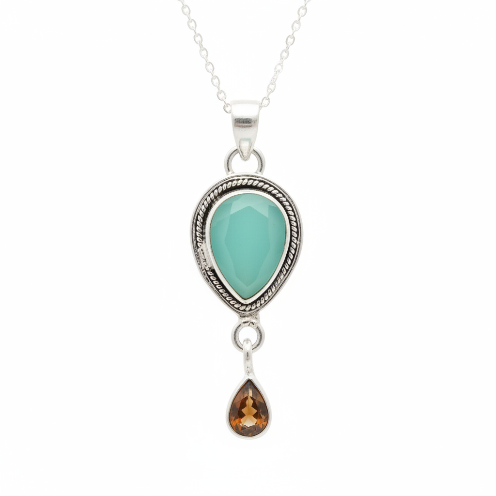 Aquamarine Chalcedony & Citrine | Solid 925 Sterling Silver Pendant