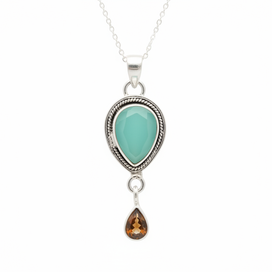 Aquamarine Chalcedony & Citrine | Solid 925 Sterling Silver Pendant