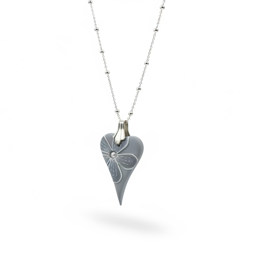 Grey Cashmere Bloom Heart | Sterling Silver Chain