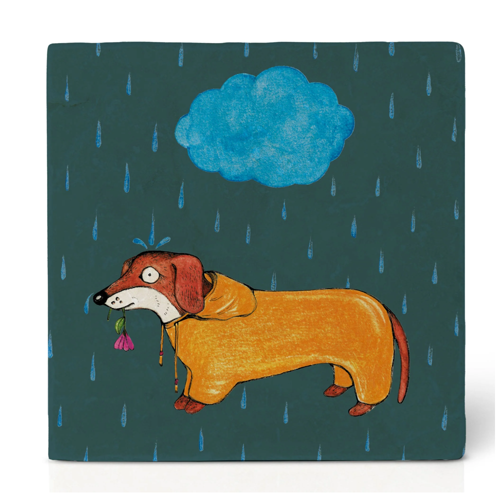 Natural stone art tile  "Daschund in the Rain"