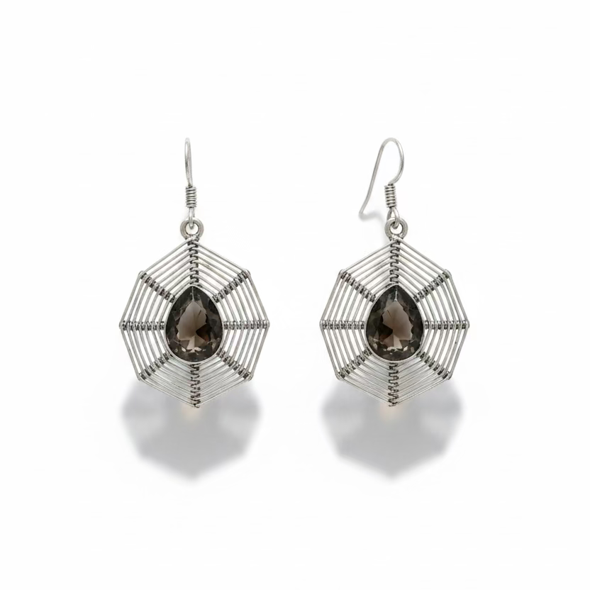 Handcrafted Sterling Silver Smoky Quartz Wire Weave Dangle Earrings