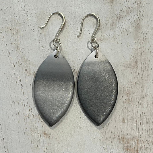 Close-up of handcrafted Moonlit Shimmer mismatched silver and polymer clay drop earrings with pearlescent finish