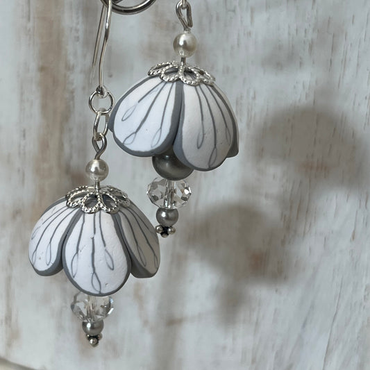 Handcrafted White Blossom Flower Stem Earrings in Sterling Silver 925 with Swarovski pearl and crystal, designed by Stephanie Fraselle