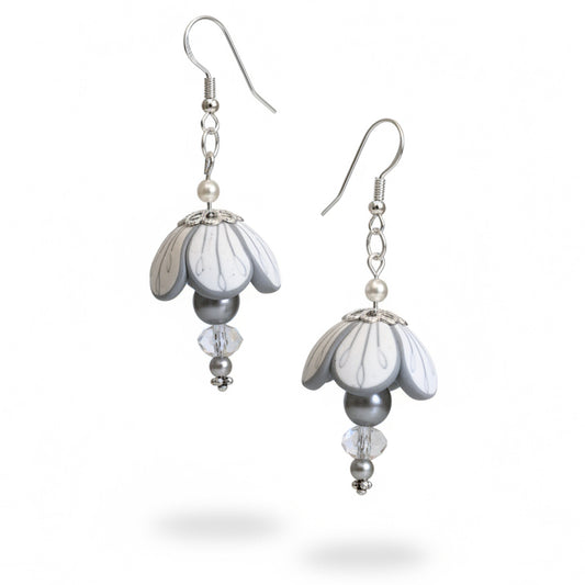 Handcrafted White Blossom Flower Stem Earrings in Sterling Silver 925 with Swarovski pearl and crystal, designed by Stephanie Fraselle