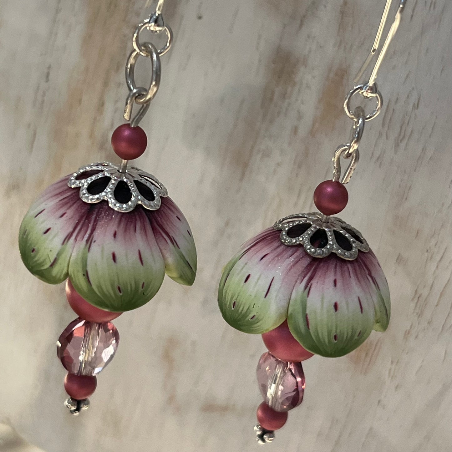 Blossom polymer clay floral earrings with Swarovski crystals and sterling silver stems, handcrafted by Stephanie Fraselle in the Enchanted Garden Collection